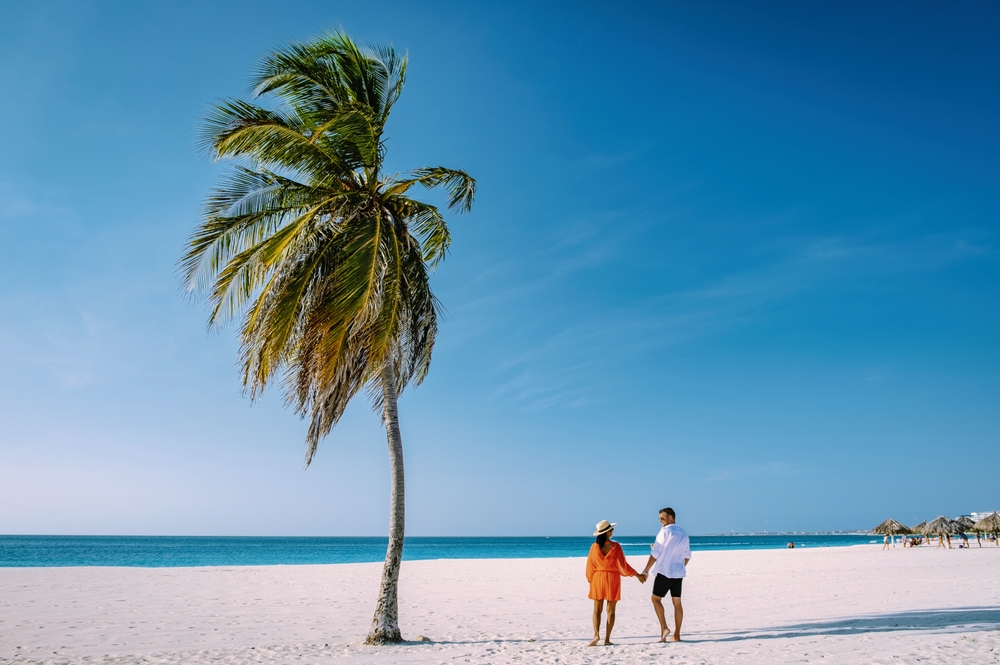 couple holding hands on Aruba white sand beach next to a palm tree